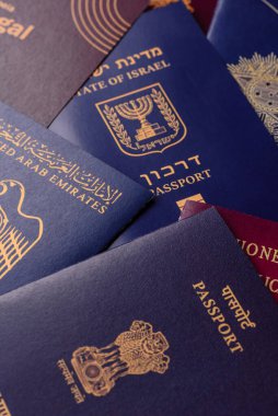 Farklı ülkelerden gelen birkaç pasaport ve uluslararası kimlik kartı. Tasarımınız için farklı ülkelerden pasaportlar