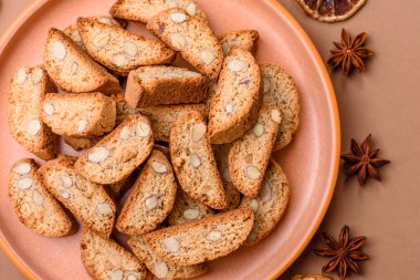 Italian cantuccini cookies with almonds, a sweet biscuit dessert. Cantuccini cookies as a food backdrop for your design