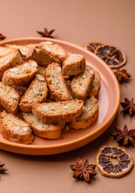 Italian cantuccini cookies with almonds, a sweet biscuit dessert. Cantuccini cookies as a food backdrop for your design
