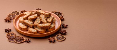 Italian cantuccini cookies with almonds, a sweet biscuit dessert. Cantuccini cookies as a food backdrop for your design