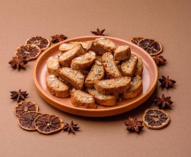 Italian cantuccini cookies with almonds, a sweet biscuit dessert. Cantuccini cookies as a food backdrop for your design