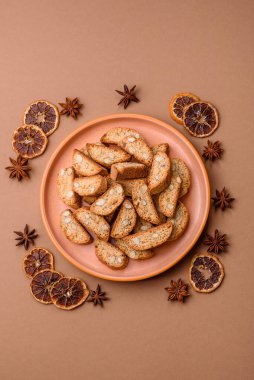 Italian cantuccini cookies with almonds, a sweet biscuit dessert. Cantuccini cookies as a food backdrop for your design