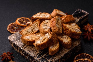 Italian cantuccini cookies with almonds, a sweet biscuit dessert. Cantuccini cookies as a food backdrop for your design