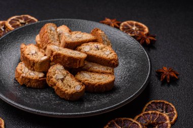 Italian cantuccini cookies with almonds, a sweet biscuit dessert. Cantuccini cookies as a food backdrop for your design