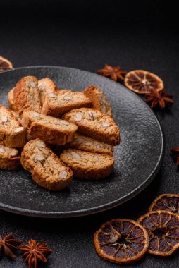 Italian cantuccini cookies with almonds, a sweet biscuit dessert. Cantuccini cookies as a food backdrop for your design
