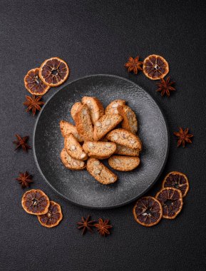 Italian cantuccini cookies with almonds, a sweet biscuit dessert. Cantuccini cookies as a food backdrop for your design