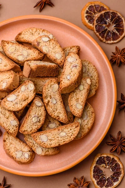 Italian cantuccini cookies with almonds, a sweet biscuit dessert. Cantuccini cookies as a food backdrop for your design