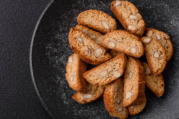 Italian cantuccini cookies with almonds, a sweet biscuit dessert. Cantuccini cookies as a food backdrop for your design