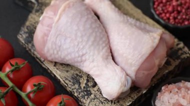 Çiğ tavuk bacağı, kemikteki tavuk eti barbekü için. Tavuk bacağı yemek arkaplanı.