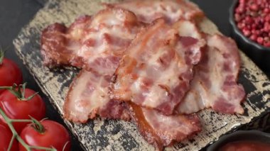 Sağlıklı bir kahvaltı için kızarmış domuz pastırması şeritleri. Tasarımınız için yiyecek olarak kızarmış pastırma şeritleri.