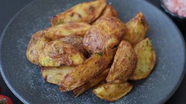 Baharatlı, sarımsaklı ve biberiyeli patates dilimleri. Patates dilimleri.