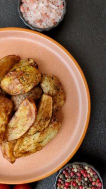 Baharatlı, sarımsaklı ve biberiyeli patates dilimleri. Patates dilimleri.