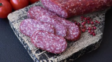 Sandviç için füme salam, biftek veya tavuk sosisi. Yemek arkaplanı için salam dilimleri