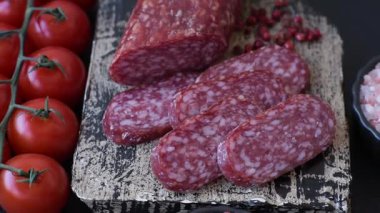 Sandviç için füme salam, biftek veya tavuk sosisi. Yemek arkaplanı için salam dilimleri