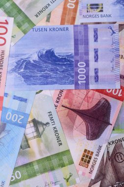 Para, Norveç para birimi, Norveç Kronu 'nun çeşitli banknotları. Norveç, Norveç parası tasarımın için finansal bir arka plan..