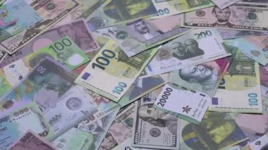 Para geçmişi, para birimi, farklı ülkelerden gelen kağıt banknotlar. Para nakit para, yeşil