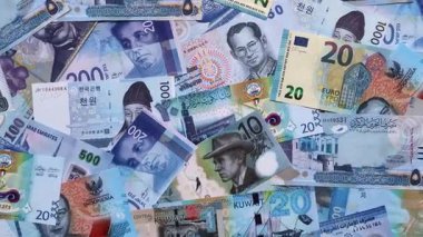 Para geçmişi, para birimi, farklı ülkelerden gelen kağıt banknotlar. Para nakit para, mavi