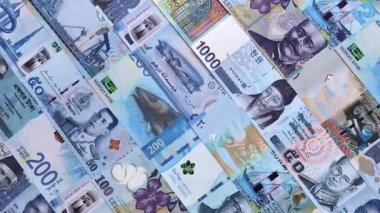 Para geçmişi, para birimi, farklı ülkelerden gelen kağıt banknotlar. Para nakit para, mavi