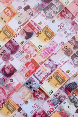 Para geçmişi, döviz kuru, farklı ülkelerden gelen kağıt banknotlar. Tasarımınız için finansal bir fon olarak para nakit para birimi