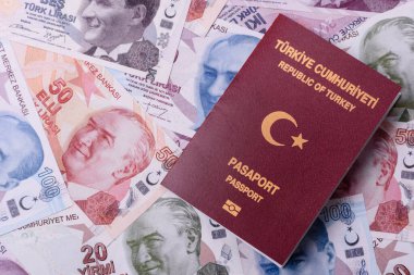 Türkiye pasaportu, uluslararası seyahat ve tatil için Türkiye vizesi. Tasarımınız için arka plan olarak Türk pasaportu