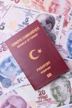 Türkiye pasaportu, uluslararası seyahat ve tatil için Türkiye vizesi. Tasarımınız için arka plan olarak Türk pasaportu