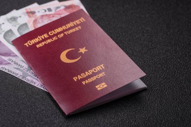 Türkiye pasaportu, uluslararası seyahat ve tatil için Türkiye vizesi. Tasarımınız için arka plan olarak Türk pasaportu