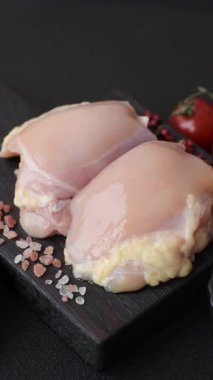 Tavuk eti, çiğ kemiksiz fileto, tuzlu ve baharatlı ızgara. Tasarımın için yemek arkaplanı olarak çiğ tavuk filetosu.