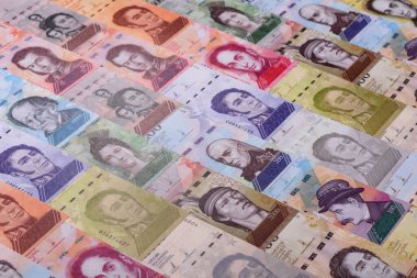 Venezuela Bolivar 'ı, nakit para, Venezuela' nın para birimi, finansal işlemler için para. Venezuela Bolivar tasarımın için finansal bir arka plan.