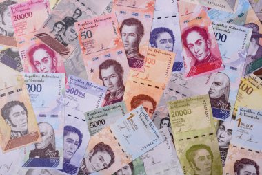 Venezuela Bolivar 'ı, nakit para, Venezuela' nın para birimi, finansal işlemler için para. Venezuela Bolivar tasarımın için finansal bir arka plan.