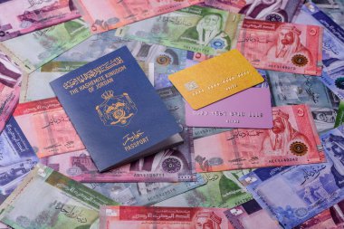 Ürdün pasaportu, uluslararası seyahat ve tatil için Ürdün vizesi. Tasarımınız için arka plan olarak Ürdün pasaportu