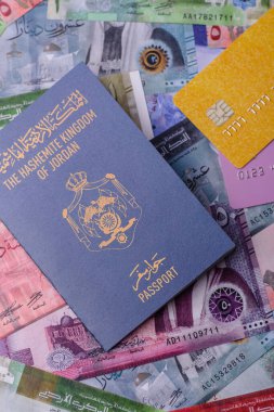 Ürdün pasaportu, uluslararası seyahat ve tatil için Ürdün vizesi. Tasarımınız için arka plan olarak Ürdün pasaportu