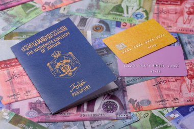 Ürdün pasaportu, uluslararası seyahat ve tatil için Ürdün vizesi. Tasarımınız için arka plan olarak Ürdün pasaportu