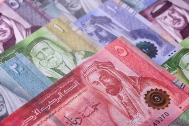 Ürdün parası, Ürdün dinarı para birimi, çeşitli mezheplerin banknotları, finansal işlemler. Ürdün parası, tasarımın için finansal bir fon olarak dinar.