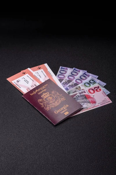 Gürcistan pasaportu, uluslararası seyahat ve tatil için Gürcistan vizesi. Tasarımınız için arka plan olarak Gürcistan pasaportu