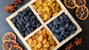 Üzümlerden yapılan tatlı, kuru, altın ya da sarı kuru üzüm sağlıklı, besleyici bir yemektir. Tasarımınız için gıda arka planı olarak altın kuru üzümler