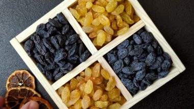 Üzümlerden yapılan tatlı, kuru, altın ya da sarı kuru üzüm sağlıklı, besleyici bir yemektir. Tasarımınız için gıda arka planı olarak altın kuru üzümler