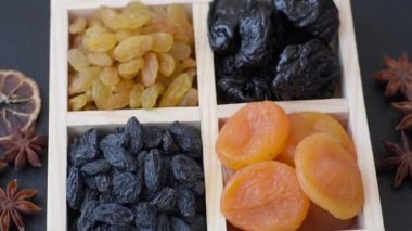 Sağlıklı bir kahvaltı için çeşitli kurutulmuş meyve, kayısı, kuru erik, kızılcık, kuru üzüm, incir ve hurma çeşitleri. Kurutulmuş meyve karışımı.