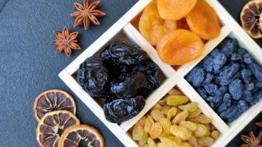 Sağlıklı bir kahvaltı için çeşitli kurutulmuş meyve, kayısı, kuru erik, kızılcık, kuru üzüm, incir ve hurma çeşitleri. Kurutulmuş meyve karışımı.