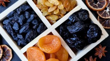 Sağlıklı bir kahvaltı için çeşitli kurutulmuş meyve, kayısı, kuru erik, kızılcık, kuru üzüm, incir ve hurma çeşitleri. Kurutulmuş meyve karışımı.