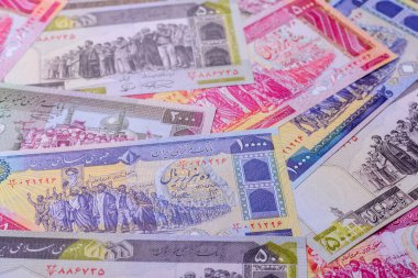 İran Cumhuriyeti parası, lira parası, çeşitli banknotların banknotları, finansal işlemler. Tasarımının finansal geçmişi olarak İran parası ve lira.