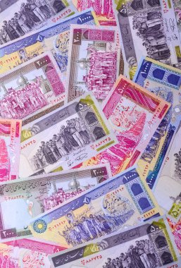İran Cumhuriyeti parası, lira parası, çeşitli banknotların banknotları, finansal işlemler. Tasarımının finansal geçmişi olarak İran parası ve lira.