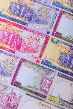 İran Cumhuriyeti parası, lira parası, çeşitli banknotların banknotları, finansal işlemler. Tasarımının finansal geçmişi olarak İran parası ve lira.