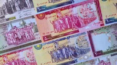 İran Cumhuriyeti parası, lira parası, çeşitli banknotların banknotları, finansal işlemler. Tasarımının finansal geçmişi olarak İran parası ve lira.