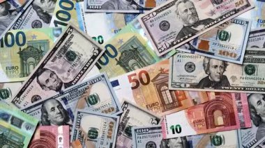 Euro ve dolar banknotları, döviz, satış, ekonomik tarifeler ve vergiler ve vergiler. Tasarımınız için arka plan olarak Euro ve dolar