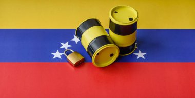 Venezuela bayrağında bulunan metal varil petrol, gaz veya kimyasallar ve Venezuela üretimine uygulanan yasaklama işareti. İran petrolünün varilleri