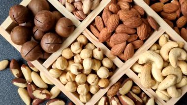 Sağlıklı gıda malzemesi olarak kaju, fıstık, badem, Brezilya fındığı, macadamia ve fındık karışımı. Tasarımınız için yemek arkaplanı olarak fındık