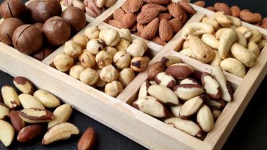 Sağlıklı gıda malzemesi olarak kaju, fıstık, badem, Brezilya fındığı, macadamia ve fındık karışımı. Tasarımınız için yemek arkaplanı olarak fındık