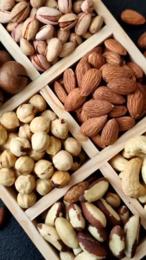 Sağlıklı gıda malzemesi olarak kaju, fıstık, badem, Brezilya fındığı, macadamia ve fındık karışımı. Tasarımınız için yemek arkaplanı olarak fındık