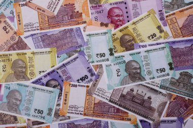 Hindistan kağıt para birimi, rupi, mali işlemler ve takas için. Tasarımınız için arkaplan olarak Hint Rupisi