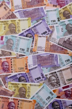 Hindistan kağıt para birimi, rupi, mali işlemler ve takas için. Tasarımınız için arkaplan olarak Hint Rupisi